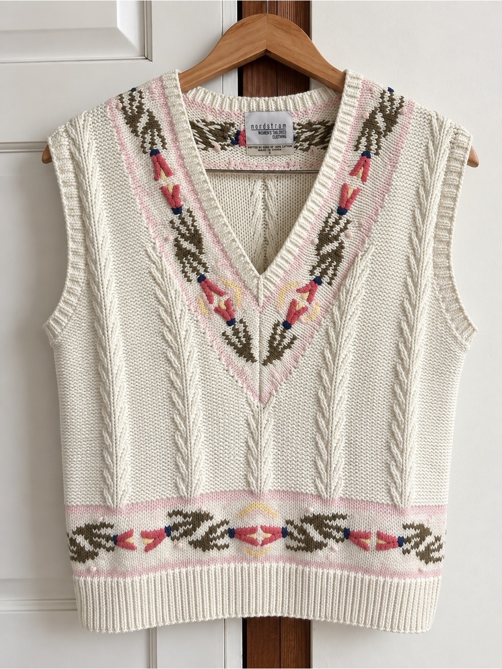 Vintage Nordstrom Hand Knit Floral Cotton Sweater Vest S